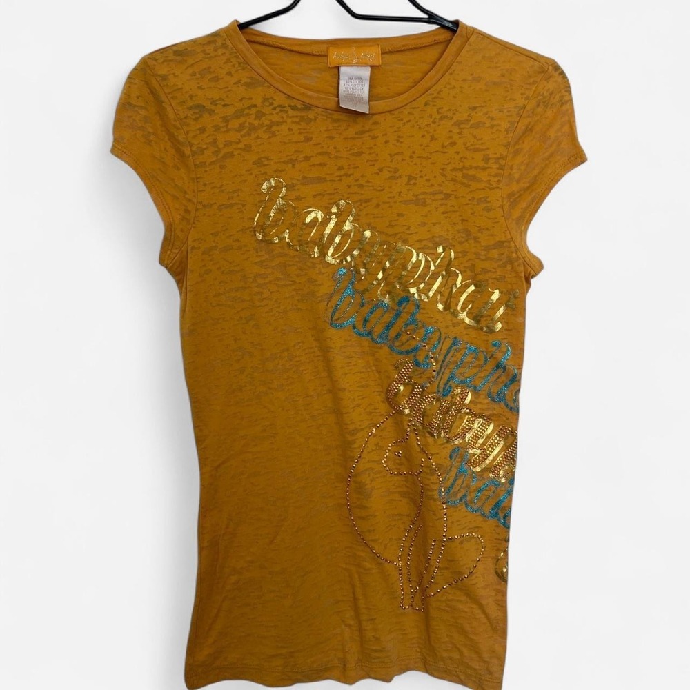 Y2K Baby Phat Bling Tee Yellow Sequin & Glitter Lettering T-Shirt